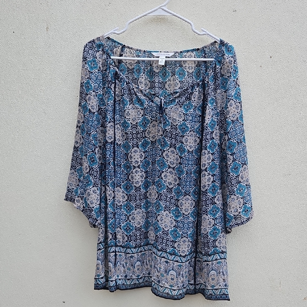 Croft & Barrow Blue and Tan Patterned Blouse